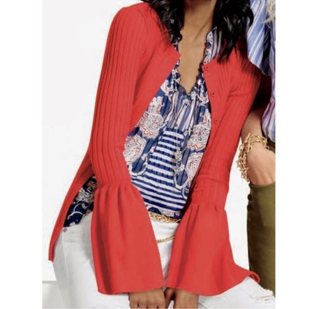 Cabi Trumpet Cardigan Sweater Ribbed Bell Sleeve 5285 Orange Red Size Small